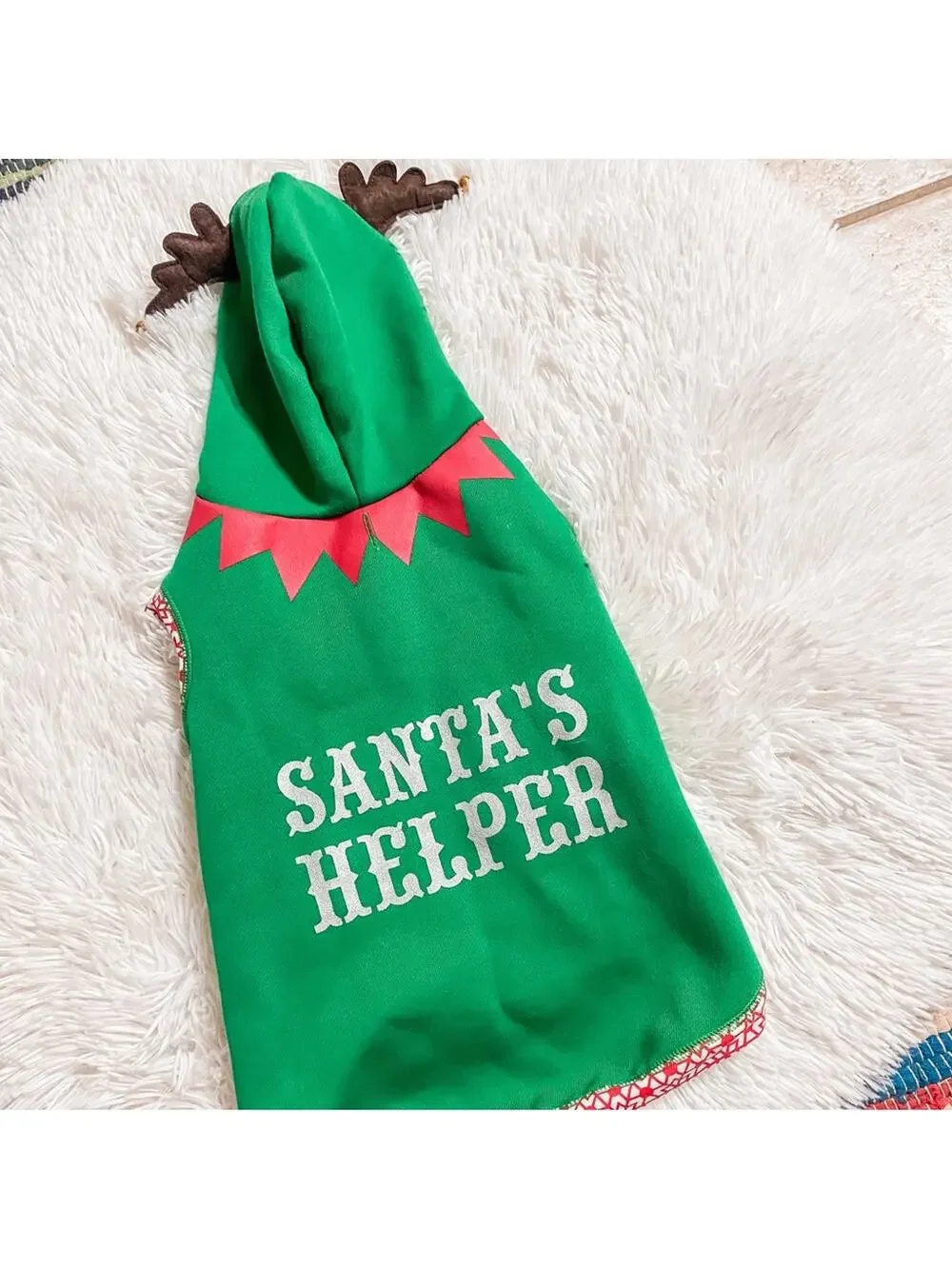 Santa’s Helper Green Reindeer Antlers Hooded Dog Costume Shirt